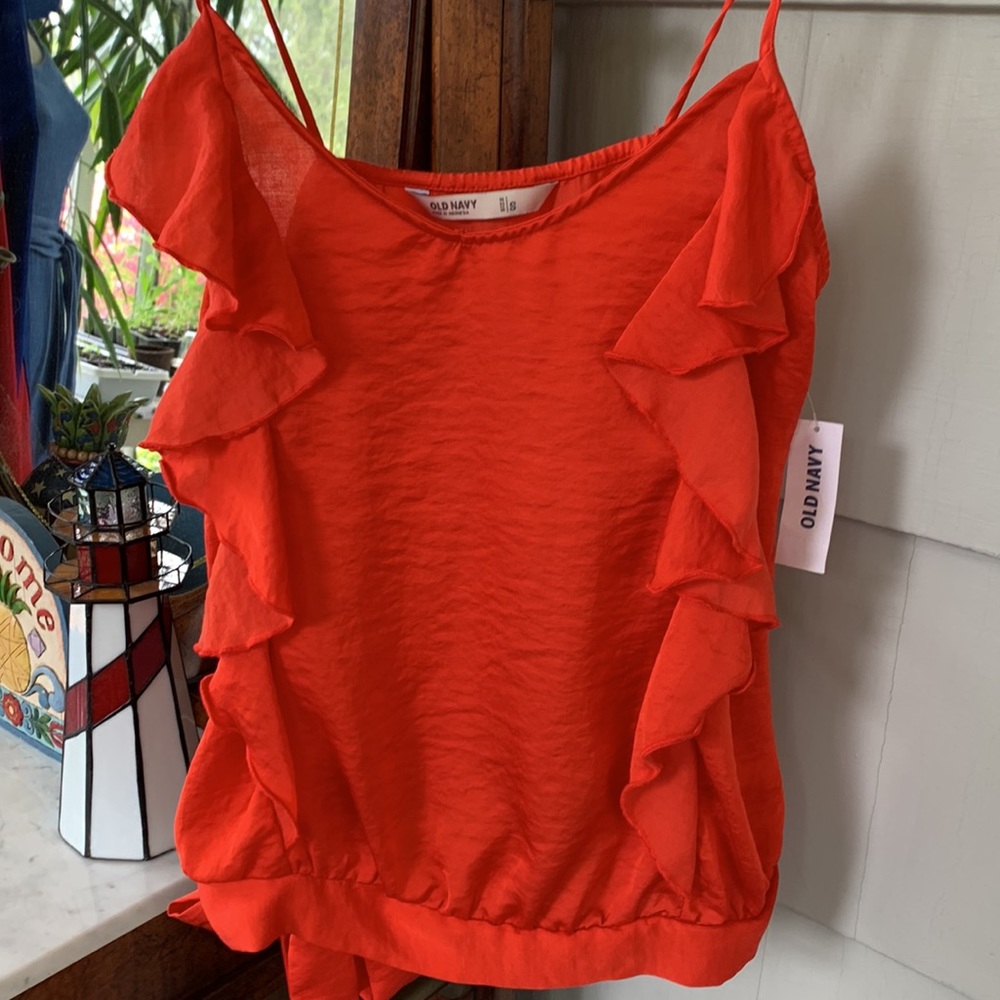 NWT Old Navy Red Silky Ruffle Side-Tie Tank Blouse Blouson Spaghetti Strap Top - Picture 5 of 8